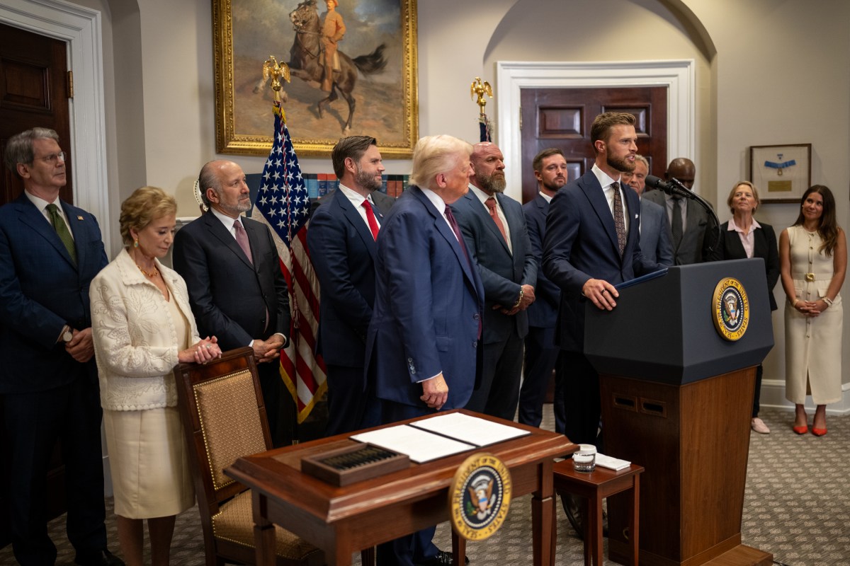 Harrison Butker delivers remarks at a Sports Council announcement event, Thursday, July 31, 2025, in the Roosevelt Room of the White House. (Official White House Photo by Daniel Torok)