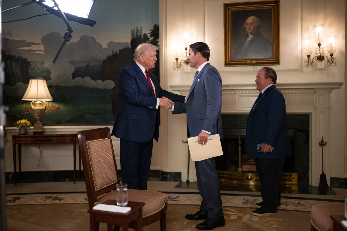 President Donald Trump participates in an interview with Rob Finnerty of Newsmax, Friday, August 1, 2025, in the Diplomatic Reception Room of the White House. (Official White House Photo by Daniel Torok)
