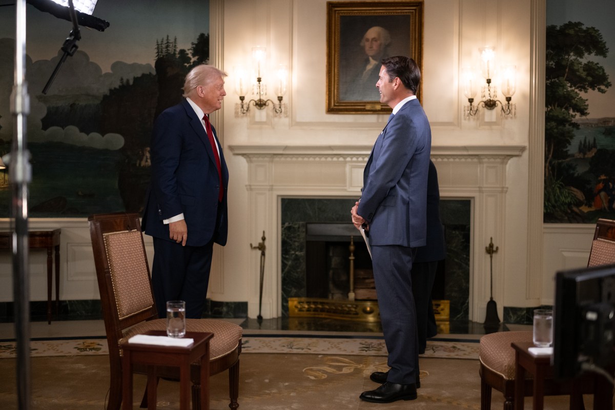 President Donald Trump participates in an interview with Rob Finnerty of Newsmax, Friday, August 1, 2025, in the Diplomatic Reception Room of the White House. (Official White House Photo by Daniel Torok)