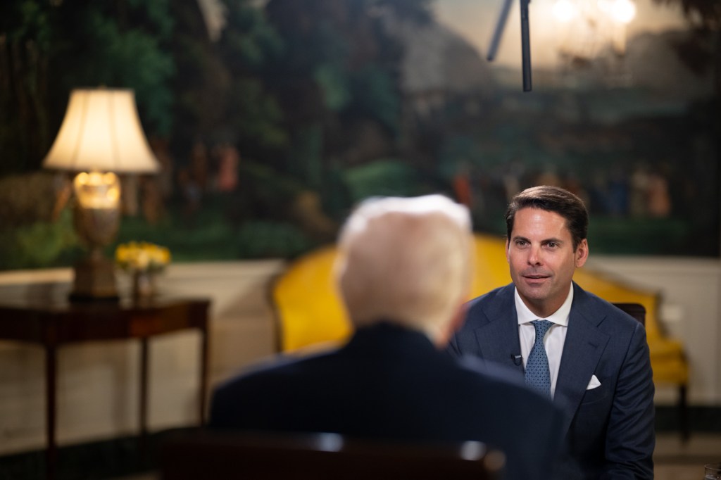 President Donald Trump participates in an interview with Rob Finnerty of Newsmax, Friday, August 1, 2025, in the Diplomatic Reception Room of the White House. (Official White House Photo by Daniel Torok)