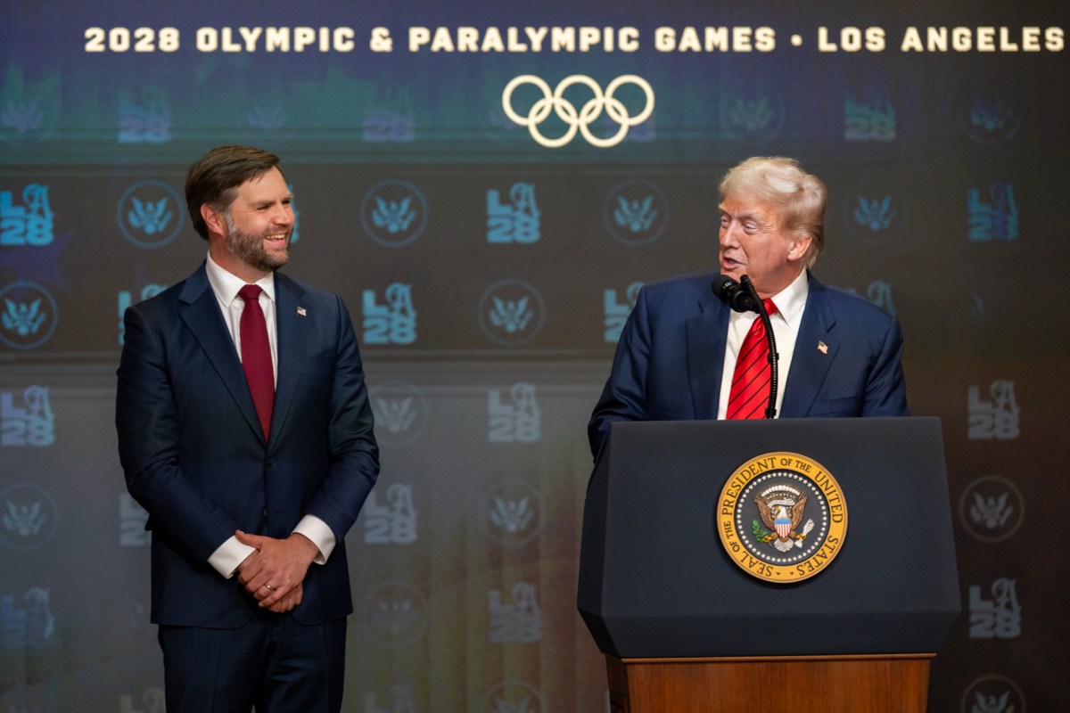 President Donald Trump signs an executive order creating a task force for the 2028 Los Angeles Olympics, Tuesday, August 5, 2025, in the South Court Auditorium of the Eisenhower Executive Office Building at the White House. Vice President JD Vance attends. (Official White House Photo by Emily J. Higgins.)