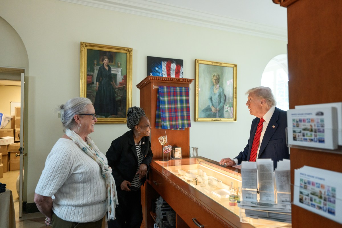 President Donald Trump visits the gift shop in the East Wing of the White House, Tuesday, August 5, 2025. (Official White House Photo by Molly Riley)