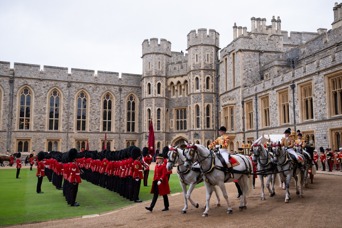 President Donald Trump and First Lady Melania Trump are greeted by King Charles III, Queen Camilla, and the Prince and Princess of Wales, William and Katherine, during a ceremonial greeting and troop inspection at Windsor Castle in Windsor, England on Wednesday, September 17, 2025. (Official White House Photo by Andrea Hanks)