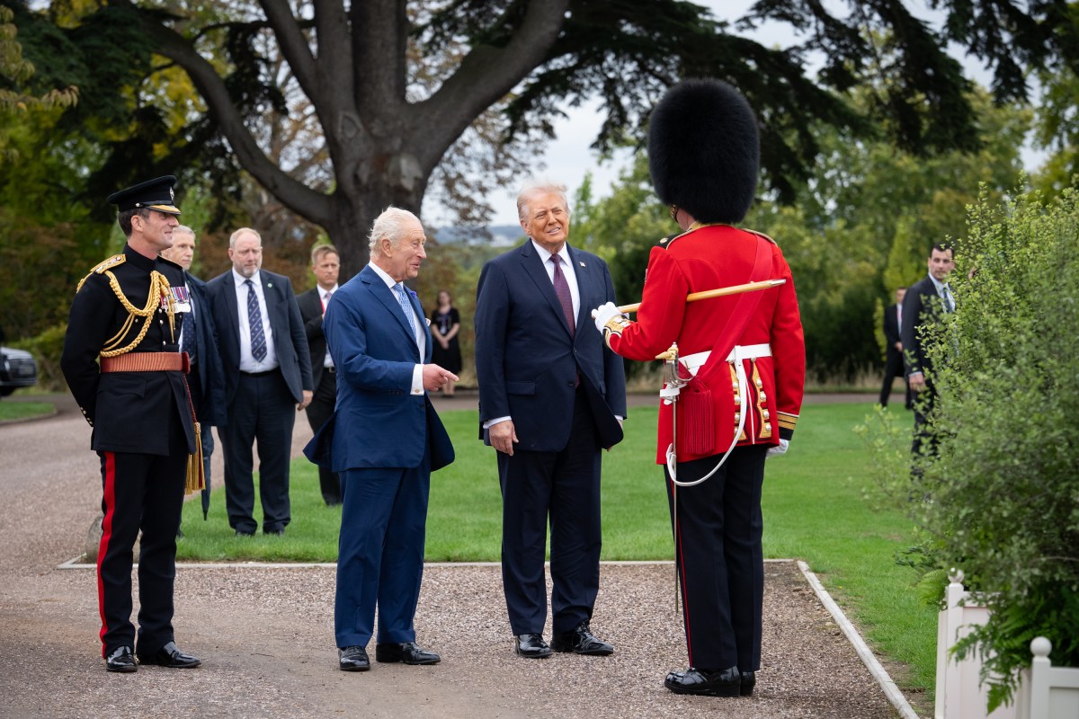 President Donald Trump, First Lady Melania Trump, King Charles III and Queen Camilla view a Beating Retreat military ceremony and flyover by the Royal Air Force Aerobatic Team (Red Arrows) at Windsor Castle in Windsor, England on Wednesday, September 17, 2025. (Official White House Photo by Andrea Hanks)
