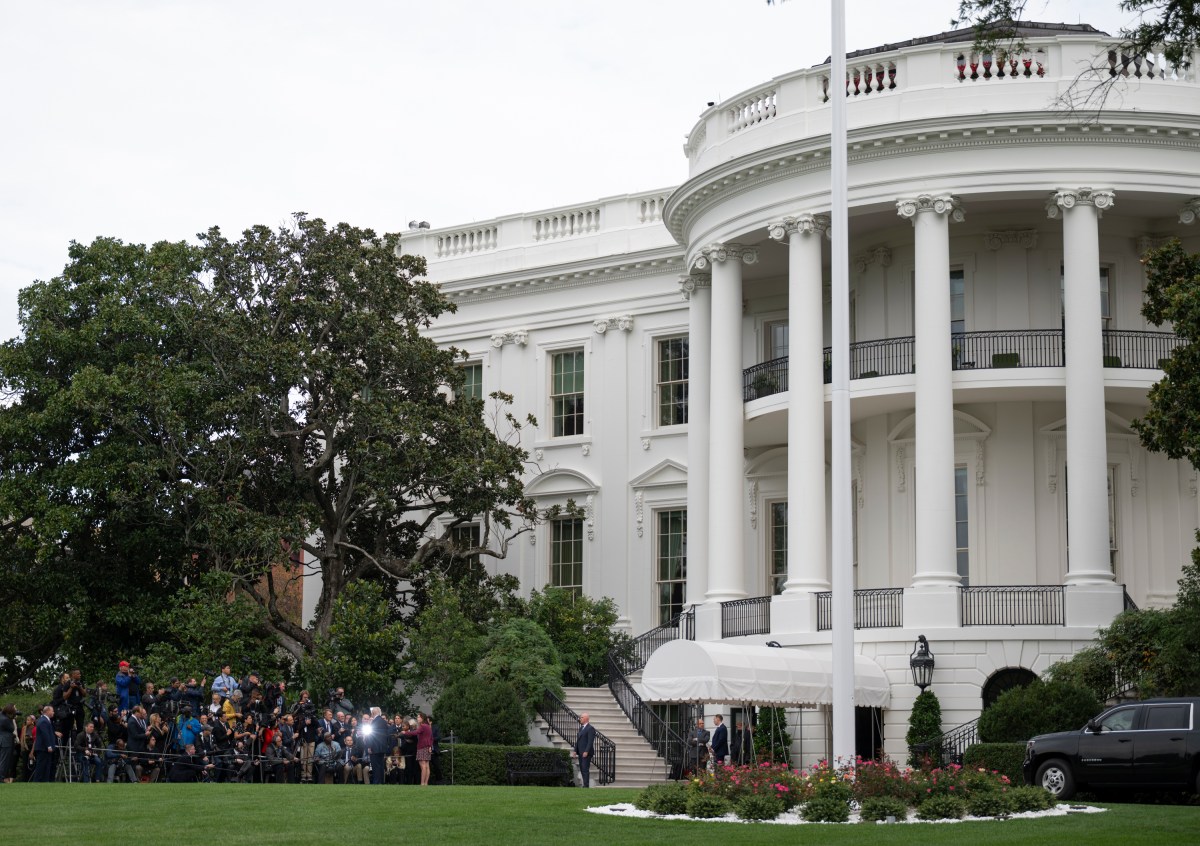 President Donald Trump speaks to the press before boarding Marine One on the South Lawn of the White House en route to Joint Base Andrews, Maryland on Tuesday, September 16, 2025 for a trip to London. (Official White House Photo by Molly Riley)