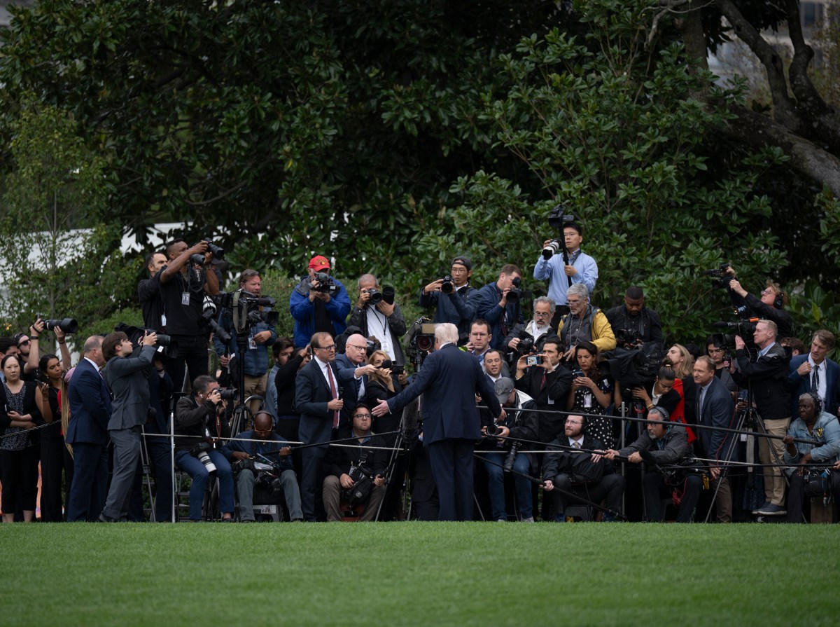 President Donald Trump speaks to the press before boarding Marine One on the South Lawn of the White House en route to Joint Base Andrews, Maryland on Tuesday, September 16, 2025 for a trip to London. (Official White House Photo by Molly Riley)
