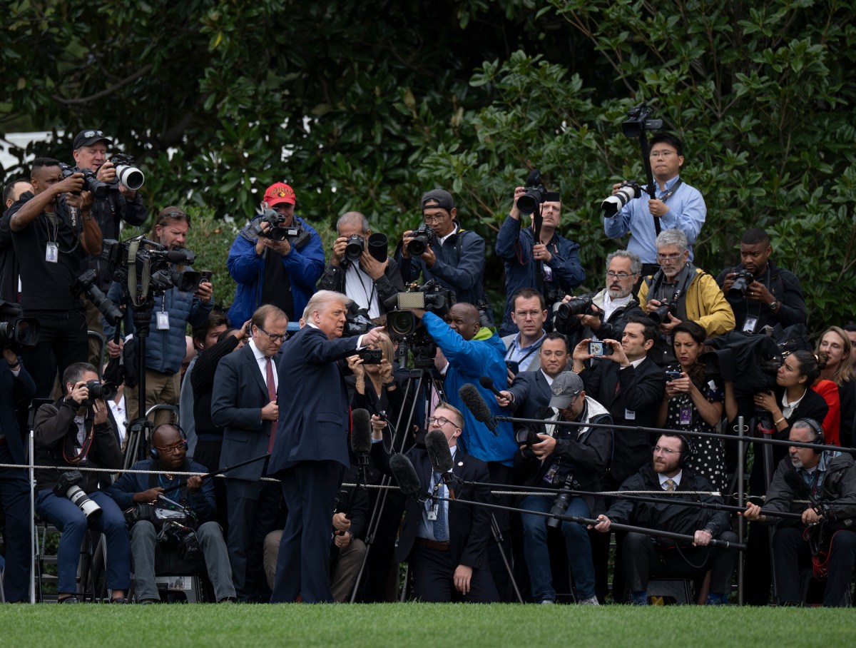 President Donald Trump speaks to the press before boarding Marine One on the South Lawn of the White House en route to Joint Base Andrews, Maryland on Tuesday, September 16, 2025 for a trip to London. (Official White House Photo by Molly Riley)