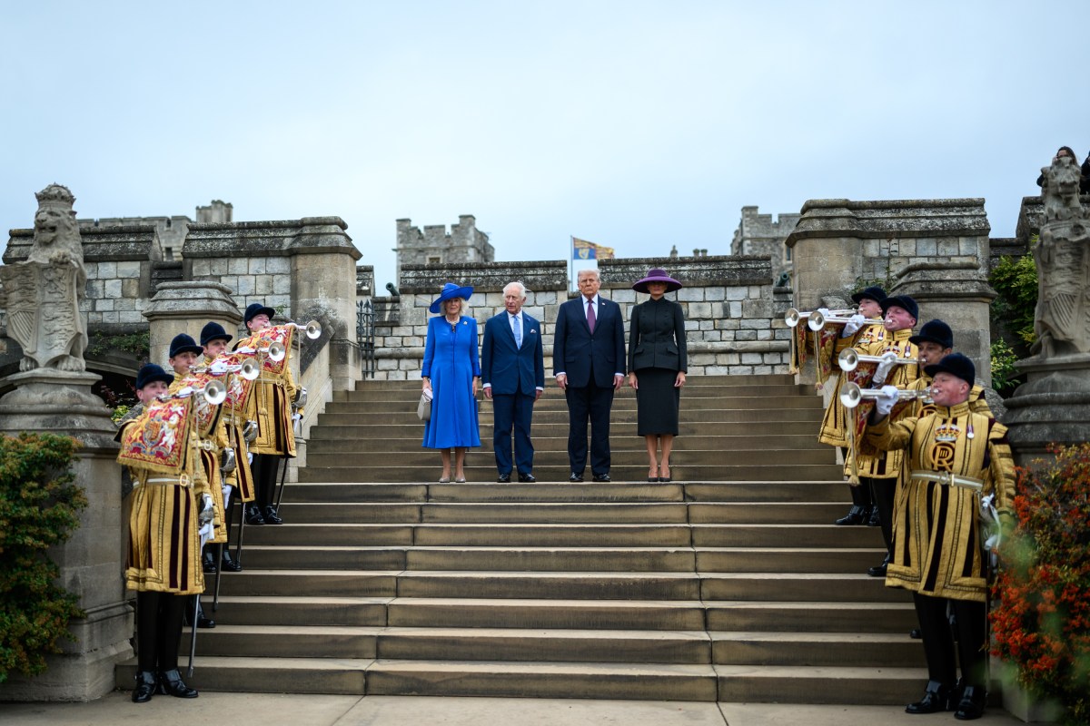 President Donald Trump, First Lady Melania Trump, King Charles III and Queen Camilla view a Beating Retreat military ceremony and flyover by the Red Arrows at Windsor Castle in Windsor, England on Wednesday, September 17, 2025. (Official White House Photo by Daniel Torok)