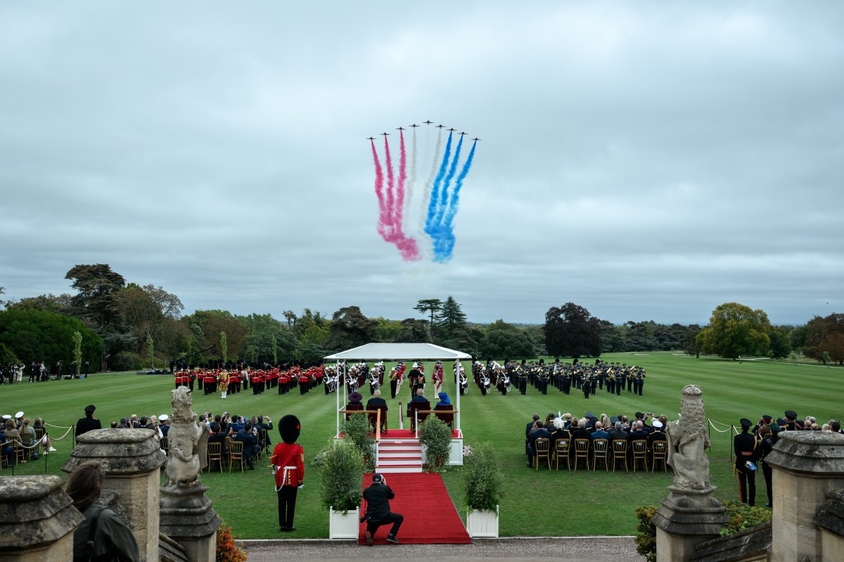 President Donald Trump, First Lady Melania Trump, King Charles III and Queen Camilla view a Beating Retreat military ceremony and flyover by the Royal Air Force Aerobatic Team (Red Arrows) at Windsor Castle in Windsor, England on Wednesday, September 17, 2025. (Official White House Photo by Daniel Torok)