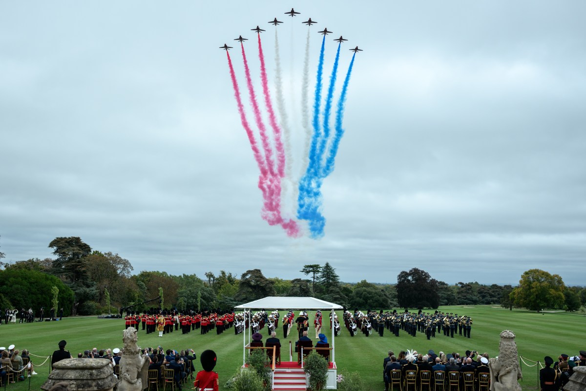 President Donald Trump, First Lady Melania Trump, King Charles III and Queen Camilla view a Beating Retreat military ceremony and flyover by the Royal Air Force Aerobatic Team (Red Arrows) at Windsor Castle in Windsor, England on Wednesday, September 17, 2025. (Official White House Photo by Daniel Torok)