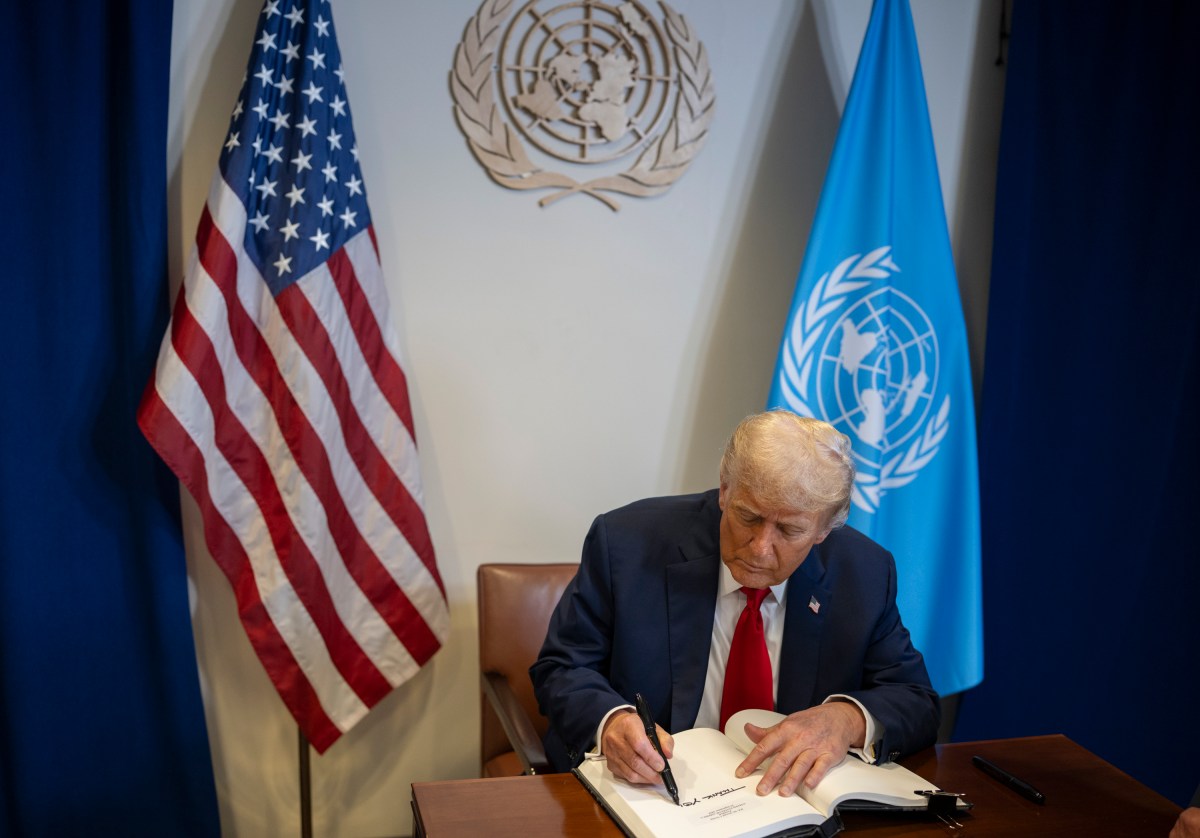 President Donald Trump signs the guest book at a bilateral meeting with U.N. Secretary General Antonio Guterres, Tuesday, September 23, 2025, at United Nations Headquarters in New York City. (Official White House Photo by Daniel Torok)