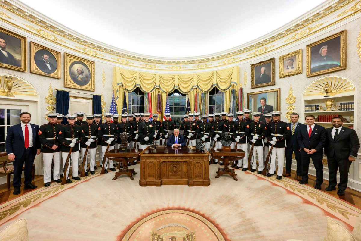 President Donald Trump hosts members of the U.S. Marine Corps Silent Drill Platoon in the Oval Office, Wednesday, September 24, 2025.  (Official White House Photo by Molly Riley)