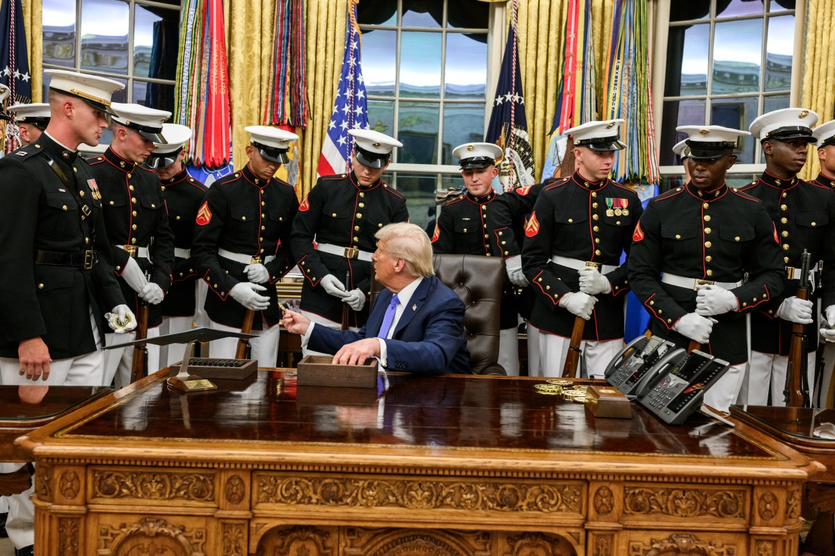 President Donald Trump hosts members of the U.S. Marine Corps Silent Drill Platoon in the Oval Office, Wednesday, September 24, 2025.  (Official White House Photo by Molly Riley)