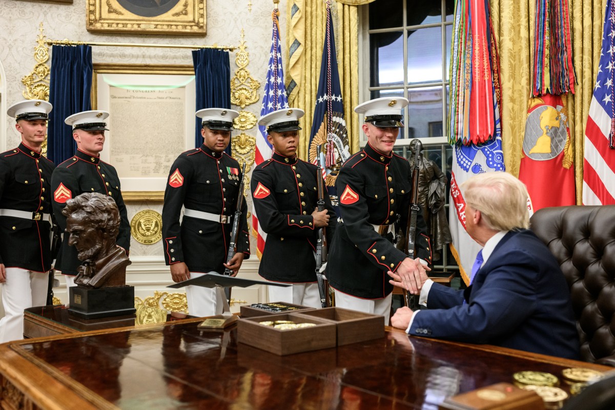 President Donald Trump hosts members of the U.S. Marine Corps Silent Drill Platoon in the Oval Office, Wednesday, September 24, 2025.  (Official White House Photo by Molly Riley)