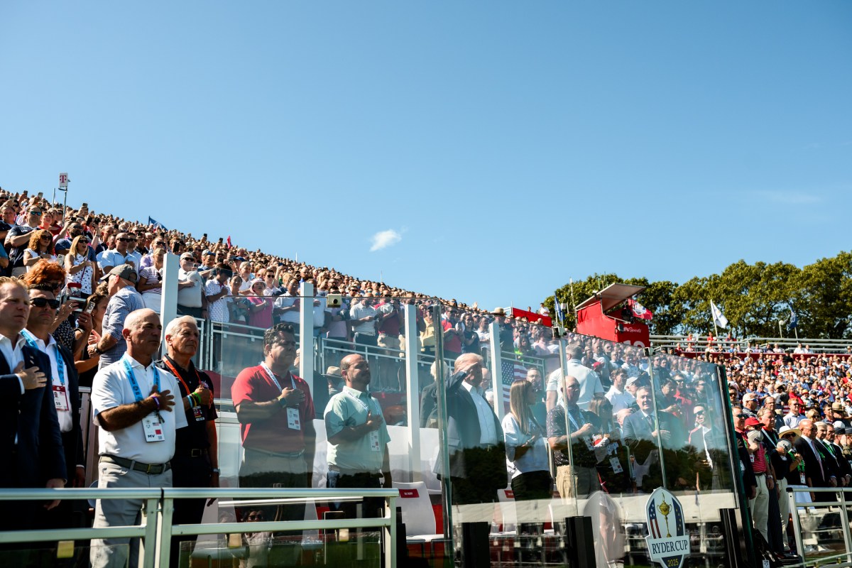 President Donald Trump salutes as the National Anthem is played after is his arrival at Bethpage Black Course to attend the Ryder Cup, Friday, September 26, 2025, in Farmingdale, New York. (Official White House Photo by Joyce N. Boghosian)