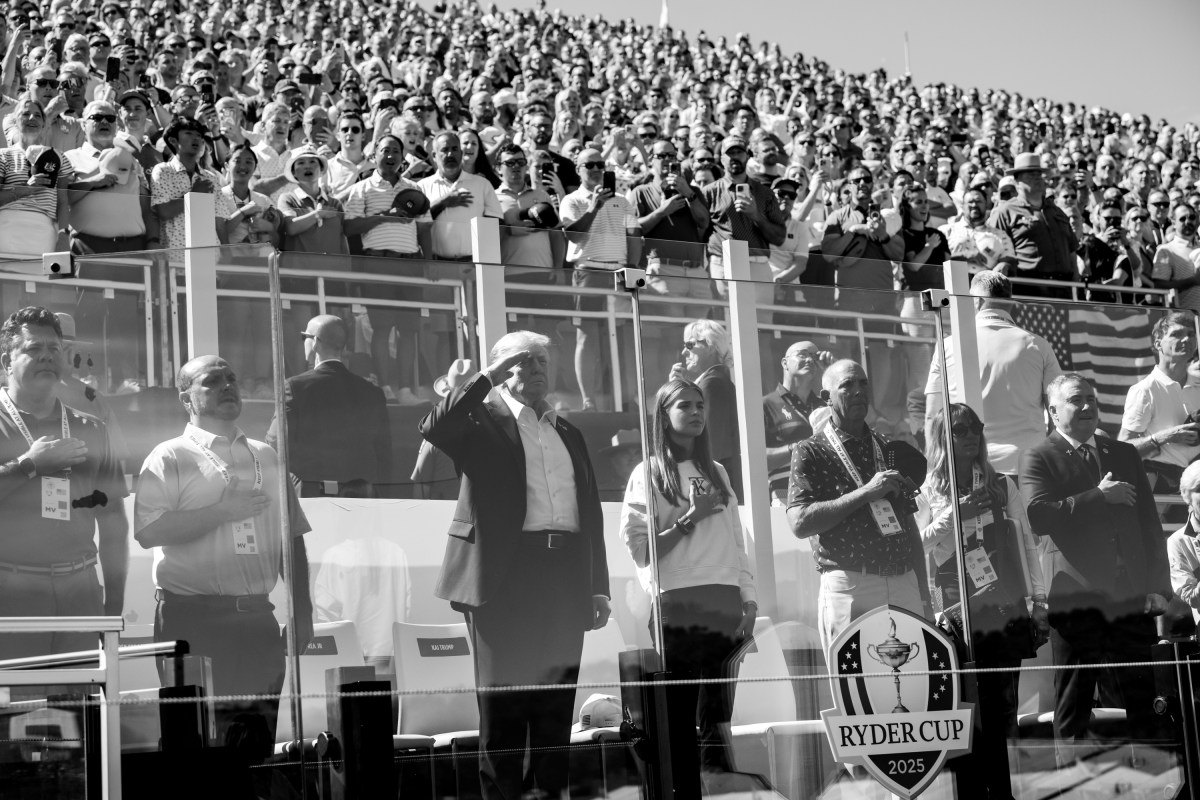 President Donald Trump salutes as the National Anthem is played after is his arrival at Bethpage Black Course to attend the Ryder Cup, Friday, September 26, 2025, in Farmingdale, New York. (Official White House Photo by Joyce N. Boghosian)