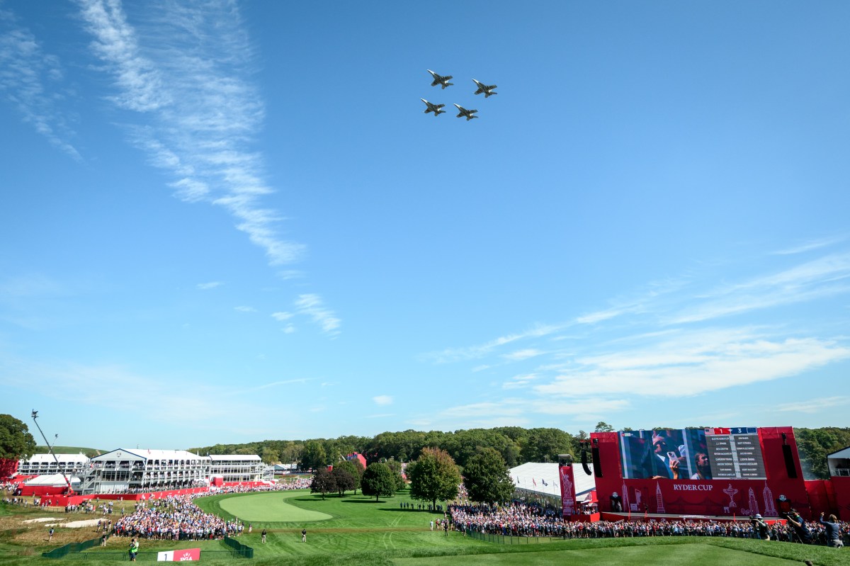 President Donald Trump watches a flyover of military aircraft during the Ryder Cup at Bethpage Black Course, Friday, September 26, 2025, in Farmingdale, New York. (Official White House Photo by Joyce N. Boghosian)