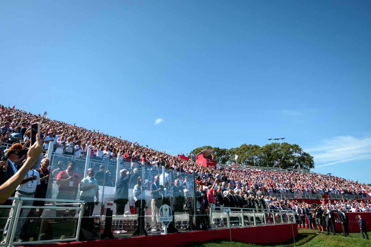 President Donald Trump watches a flyover of military aircraft during the Ryder Cup at Bethpage Black Course, Friday, September 26, 2025, in Farmingdale, New York. (Official White House Photo by Joyce N. Boghosian)