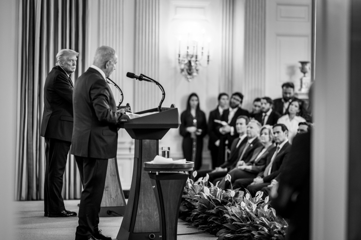 President Donald Trump and Israeli Prime Minister Benjamin Netanyahu hold a joint press conference announcing the U.S. peace plan for Gaza, Monday, September 29, 2025, in the State Dining Room of the White House. (Official White House Photo by Daniel Torok)