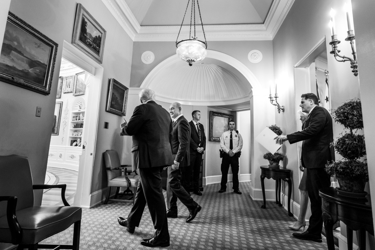 President Donald Trump speaks with Israeli Prime Minister Benjamin Netanyahu as they enter the Oval Office, Monday, September 29, 2025. (Official White House Photo by Joyce N. Boghosian)