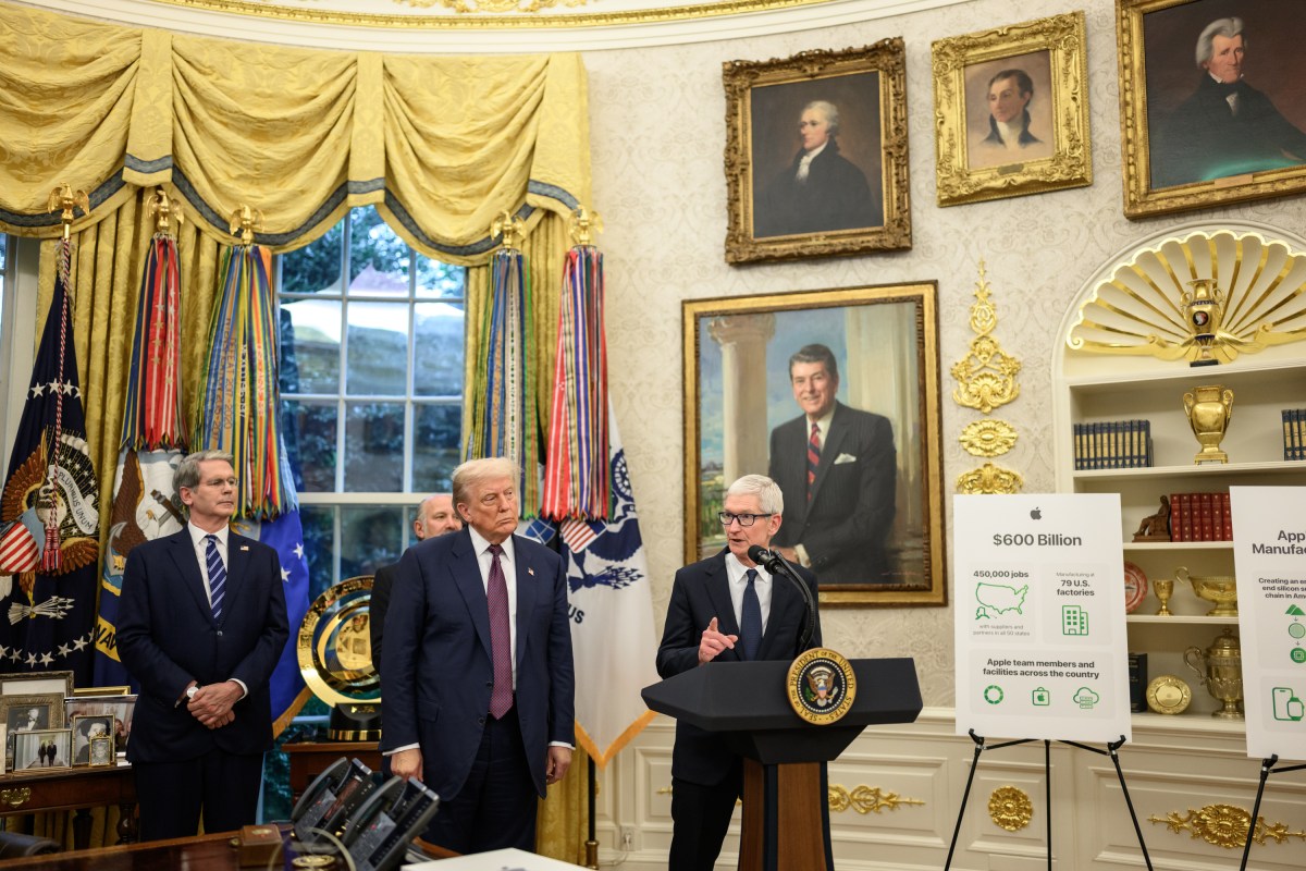 Apple CEO Tim Cook delivers remarks alongside President Donald Trump after announcing a $100 billion investment in the U.S., Wednesday, August 6, 2025, in the Oval Office. (Official White House Photo by Molly Riley)