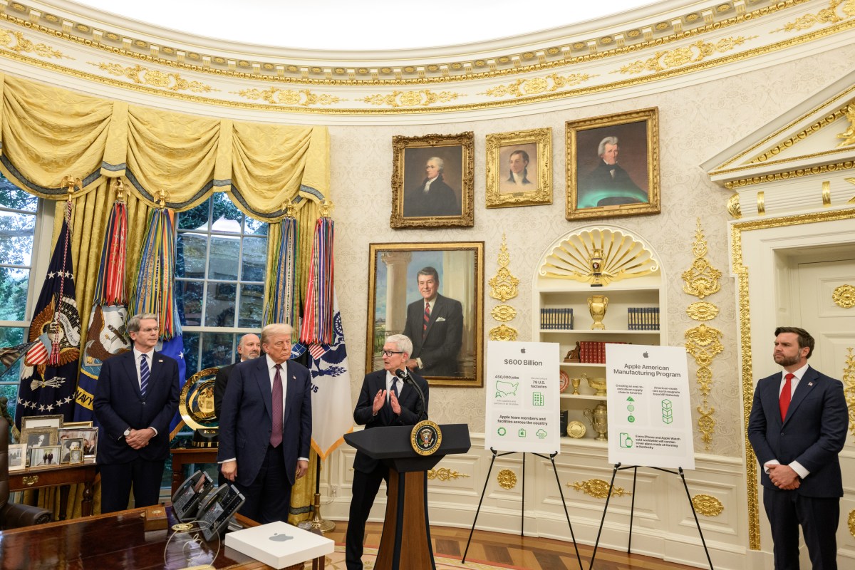 Apple CEO Tim Cook delivers remarks alongside President Donald Trump after announcing a $100 billion investment in the U.S., Wednesday, August 6, 2025, in the Oval Office. (Official White House Photo by Molly Riley)