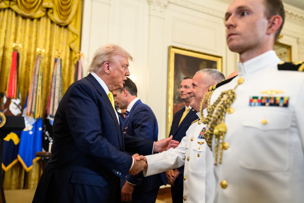President Donald Trump greets members of the crowd after signing a proclamation recognizing National Purple Heart Day in the East Room, Thursday, August 7, 2025. (Official White House Photo by Joyce N. Boghosian)