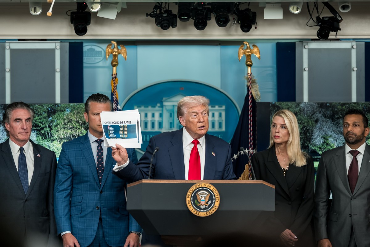 President Donald Trump holds a press conference on crime in the District of Columbia, Monday, August 11, 2025, in the James S. Brady Press Briefing Room. (Official White House Photo by Abe McNatt)