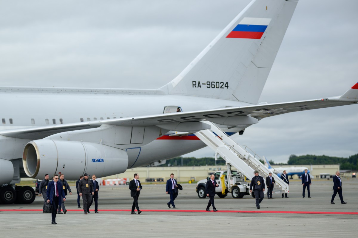 Russian president Vladimir Putin disembarks his plane at Joint Base Elmendorf Richardson in Anchorage, Alaska, Friday, August 15, 2025, before meeting with President Donald Trump. (Official White House Photo by Daniel Torok)