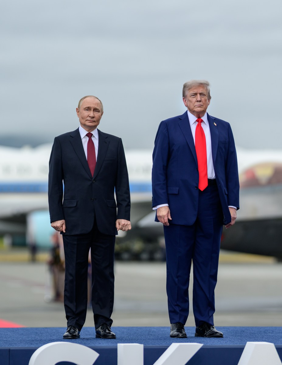 President Donald Trump greets Russian president Vladimir Putin at Joint Base Elmendorf Richardson in Anchorage, Alaska, Friday, August 15, 2025. (Official White House Photo by Daniel Torok)