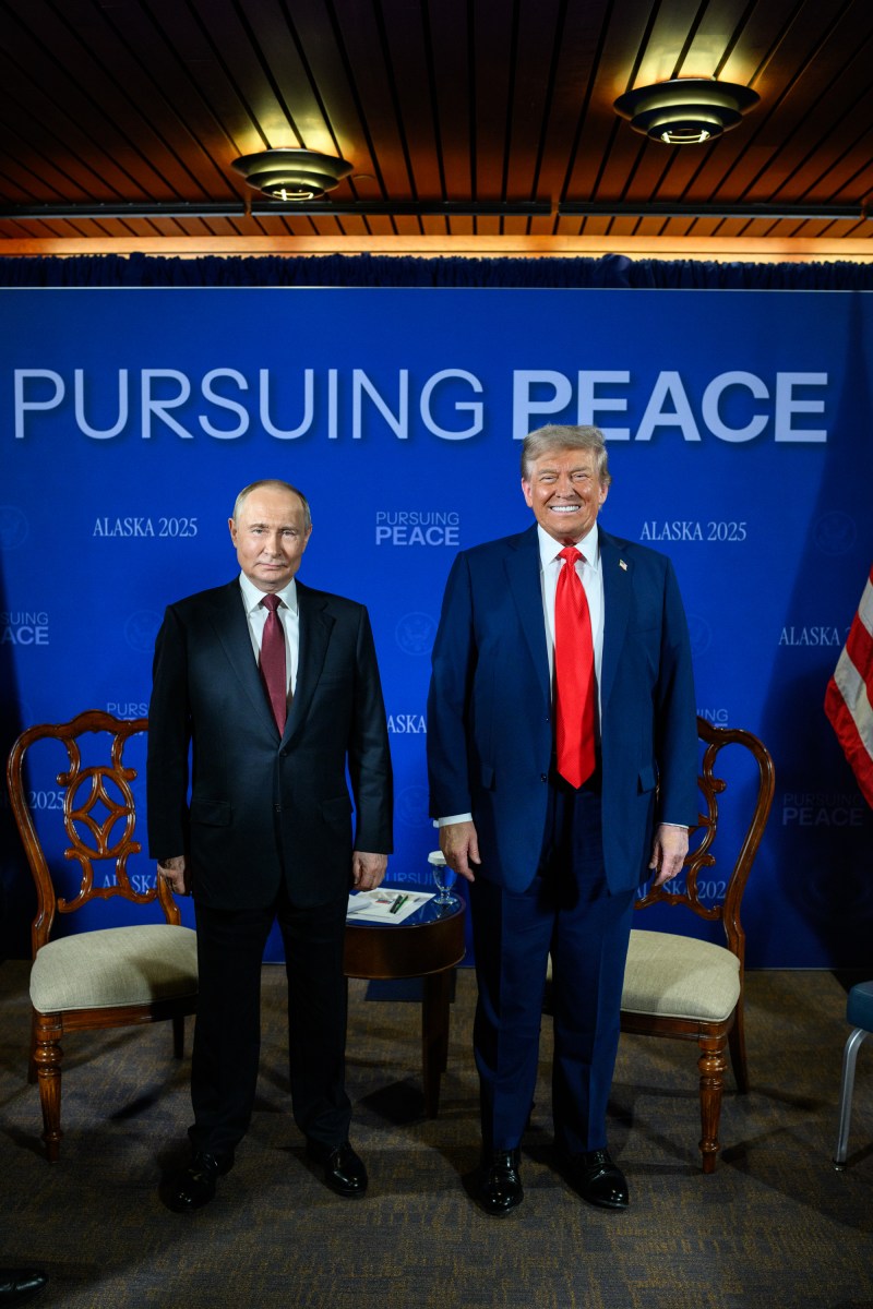 President Donald Trump poses for a photo with Russian president Vladimir Putin in the Billy Mitchell Room at Joint Base Elmendorf Richardson in Anchorage, Alaska, Friday, August 15, 2025. (Official White House Photo by Daniel Torok)