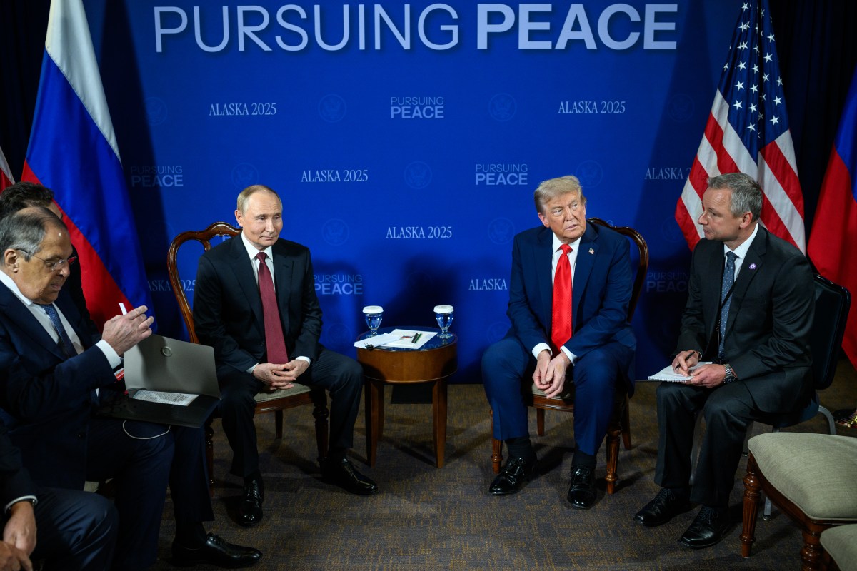 President Donald Trump meets with Russian president Vladimir Putin in the Billy Mitchell Room at Joint Base Elmendorf Richardson in Anchorage, Alaska, Friday, August 15, 2025. (Official White House Photo by Daniel Torok)
