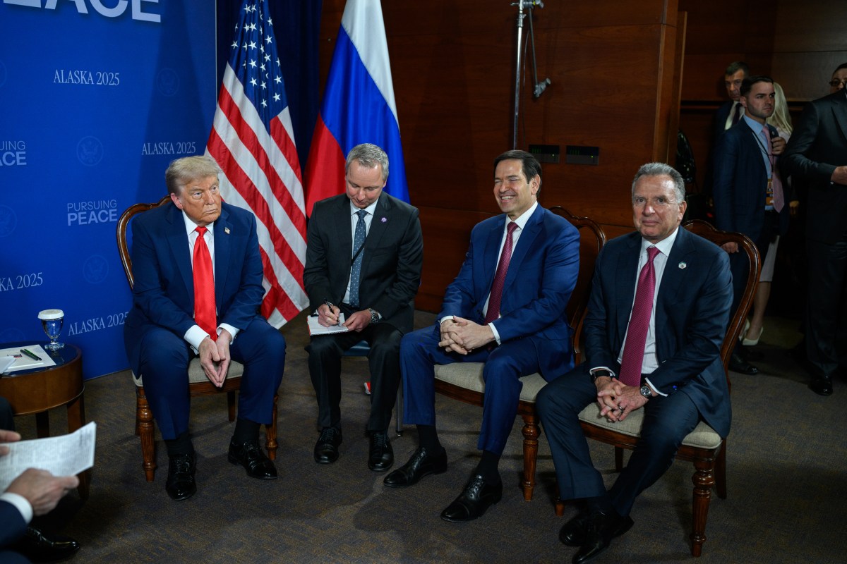 President Donald Trump meets with Russian president Vladimir Putin in the Billy Mitchell Room at Joint Base Elmendorf Richardson in Anchorage, Alaska, Friday, August 15, 2025. (Official White House Photo by Daniel Torok)