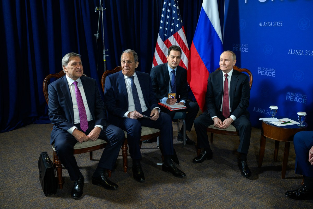 President Donald Trump meets with Russian president Vladimir Putin in the Billy Mitchell Room at Joint Base Elmendorf Richardson in Anchorage, Alaska, Friday, August 15, 2025. (Official White House Photo by Daniel Torok)