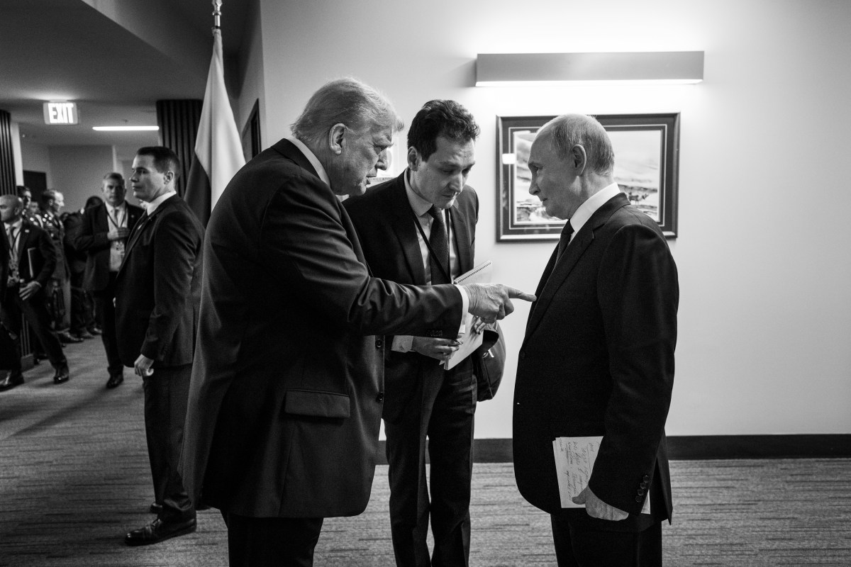 President Donald Trump and Russian president Vladimir Putin speak backstage before they participate in a joint press conference after their meeting at the Arctic Warrior Event Center at Joint Base Elmendorf Richardson in Anchorage, Alaska, Friday, August 15, 2025. (Official White House Photo by Daniel Torok)