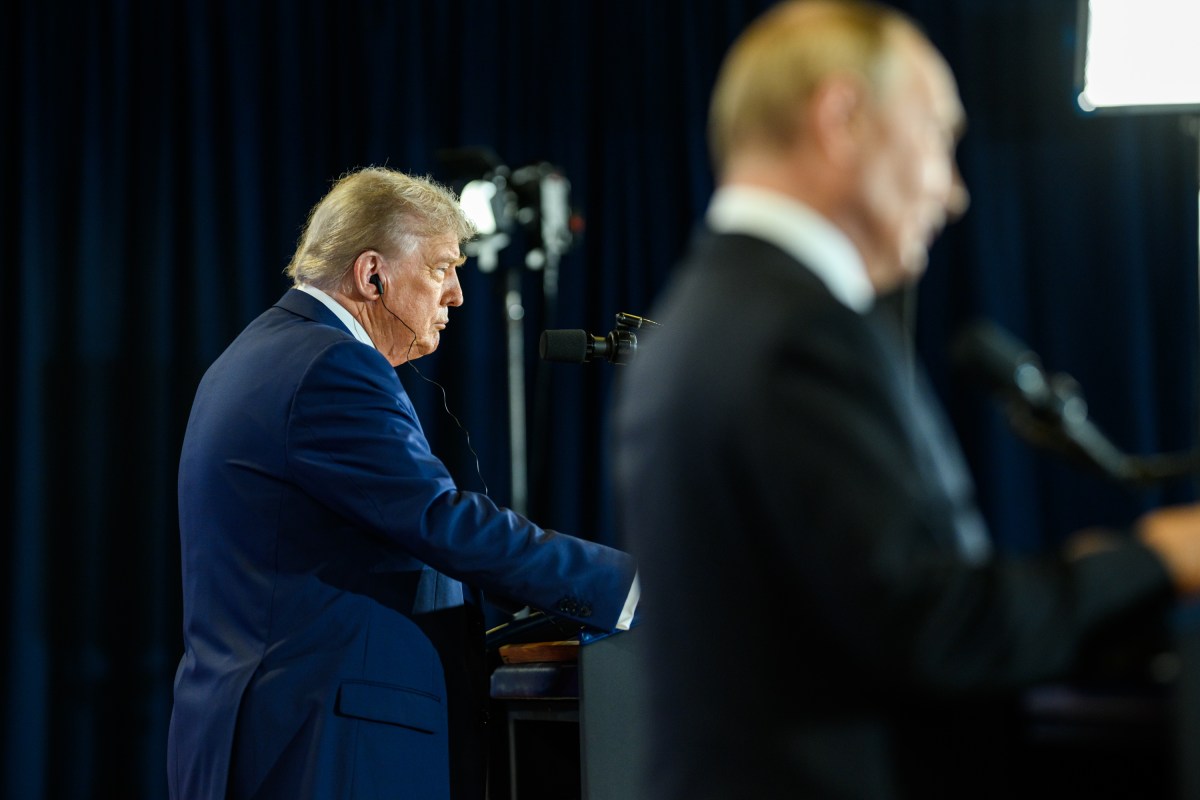 President Donald Trump and Russian president Vladimir Putin participate in a joint press conference after their meeting at the Arctic Warrior Event Center at Joint Base Elmendorf Richardson in Anchorage, Alaska, Friday, August 15, 2025. (Official White House Photo by Daniel Torok)
