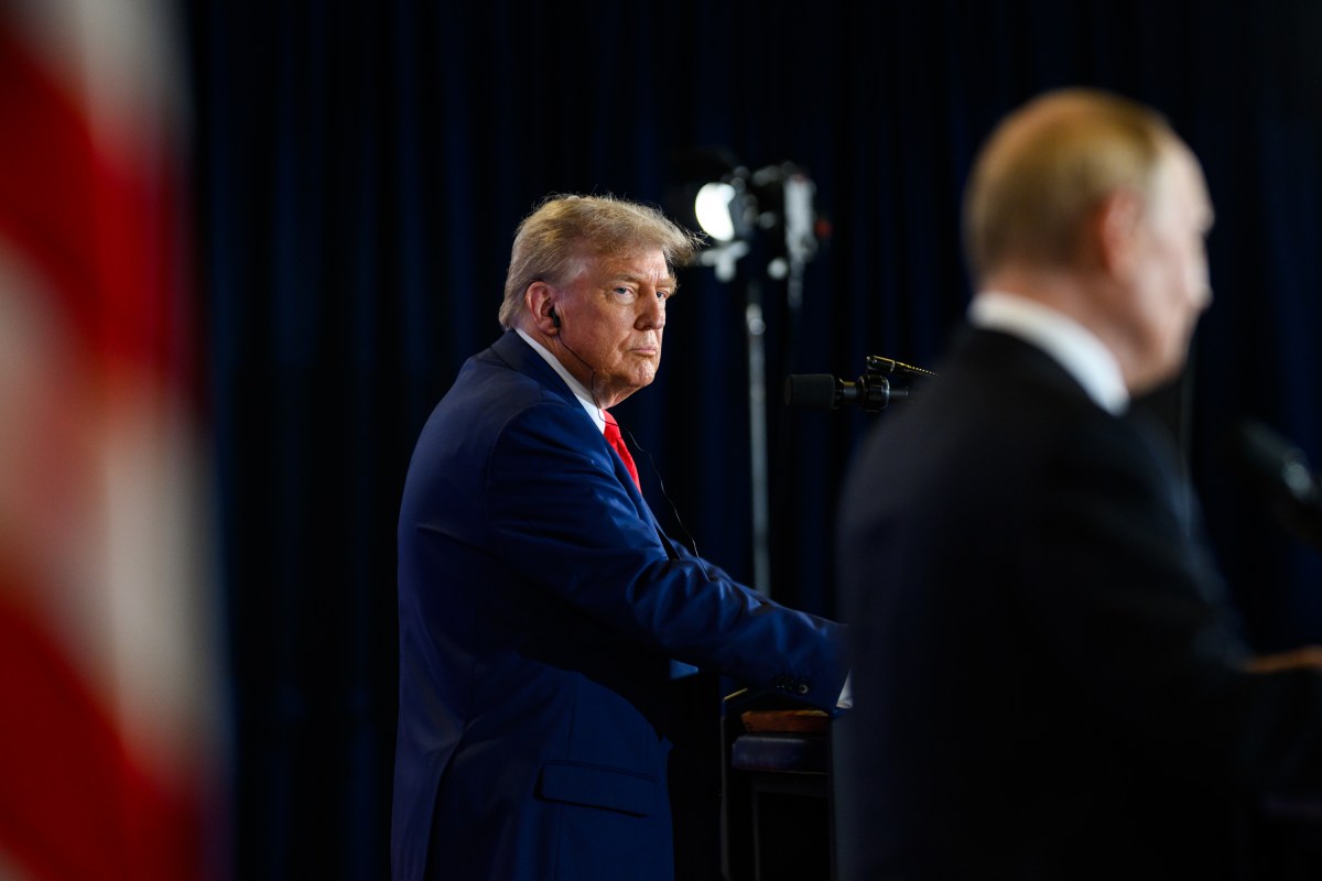 President Donald Trump and Russian president Vladimir Putin participate in a joint press conference after their meeting at the Arctic Warrior Event Center at Joint Base Elmendorf Richardson in Anchorage, Alaska, Friday, August 15, 2025. (Official White House Photo by Daniel Torok)