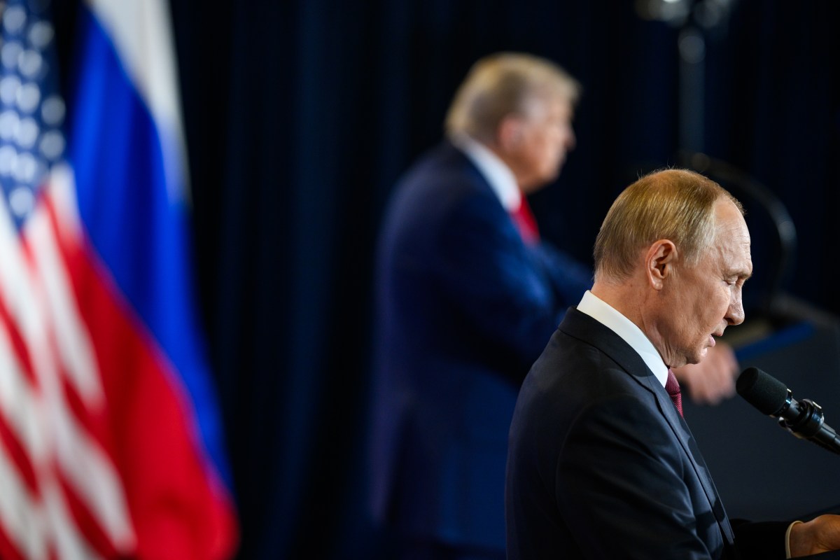 President Donald Trump and Russian president Vladimir Putin participate in a joint press conference after their meeting at the Arctic Warrior Event Center at Joint Base Elmendorf Richardson in Anchorage, Alaska, Friday, August 15, 2025. (Official White House Photo by Daniel Torok)