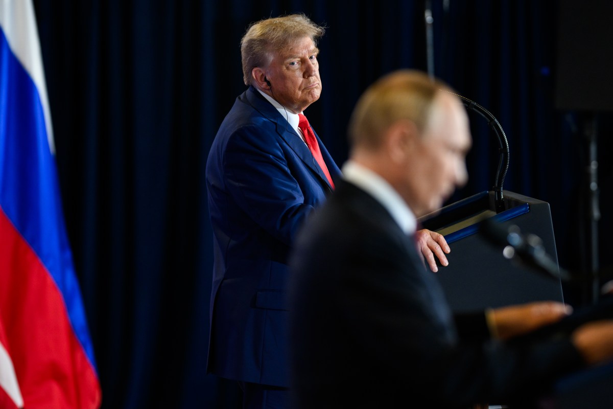 President Donald Trump and Russian president Vladimir Putin participate in a joint press conference after their meeting at the Arctic Warrior Event Center at Joint Base Elmendorf Richardson in Anchorage, Alaska, Friday, August 15, 2025. (Official White House Photo by Daniel Torok)