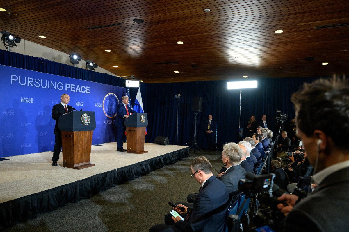 President Donald Trump and Russian president Vladimir Putin participate in a joint press conference after their meeting at the Arctic Warrior Event Center at Joint Base Elmendorf Richardson in Anchorage, Alaska, Friday, August 15, 2025. (Official White House Photo by Daniel Torok)