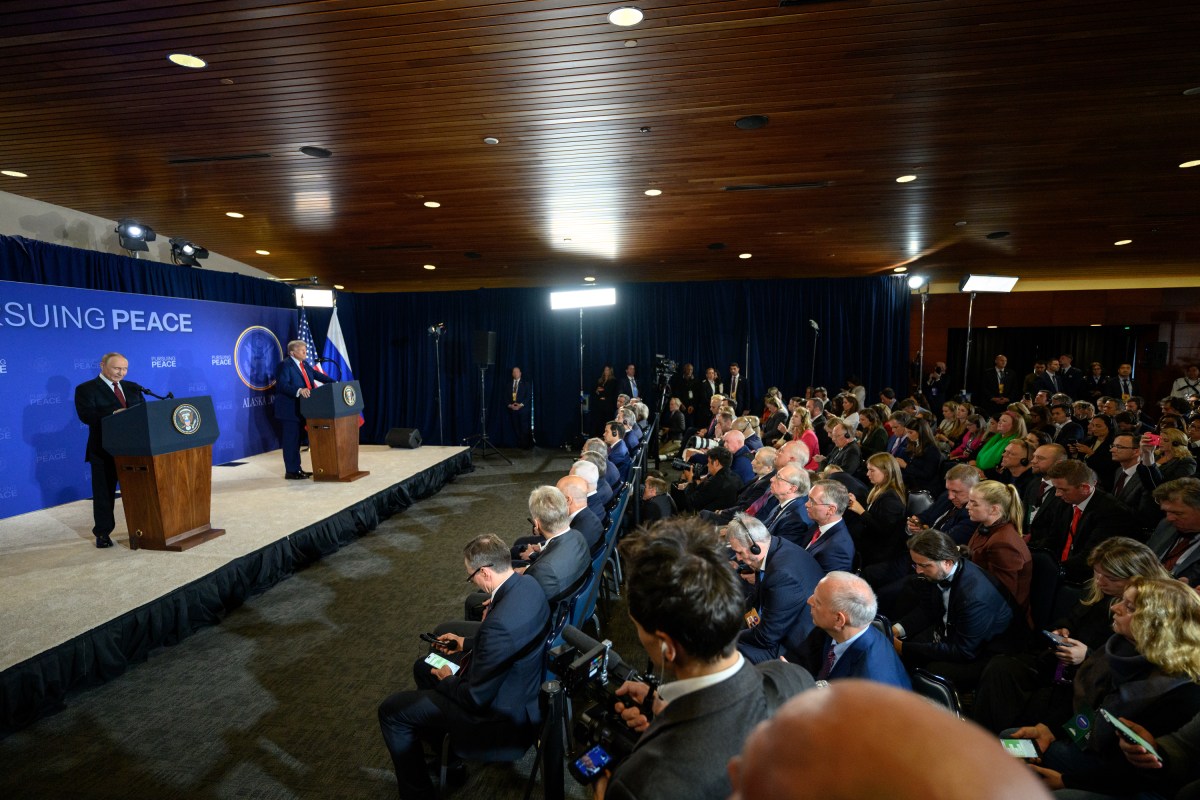 President Donald Trump and Russian president Vladimir Putin participate in a joint press conference after their meeting at the Arctic Warrior Event Center at Joint Base Elmendorf Richardson in Anchorage, Alaska, Friday, August 15, 2025. (Official White House Photo by Daniel Torok)