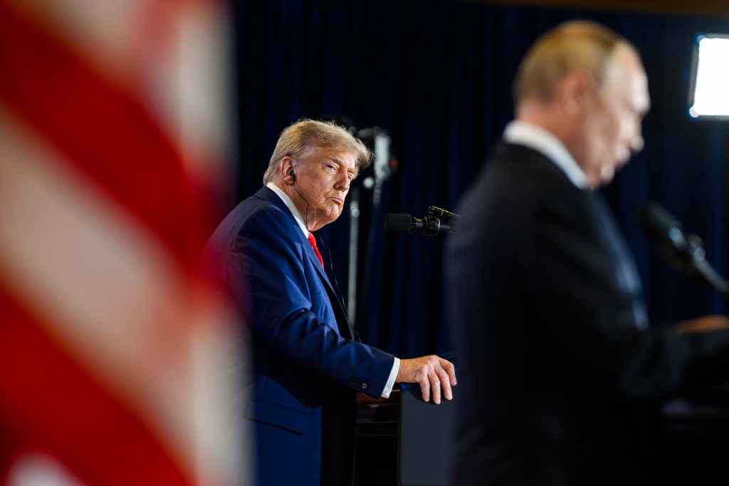 President Donald Trump and Russian president Vladimir Putin participate in a joint press conference after their meeting at the Arctic Warrior Event Center at Joint Base Elmendorf Richardson in Anchorage, Alaska, Friday, August 15, 2025. (Official White House Photo by Daniel Torok)