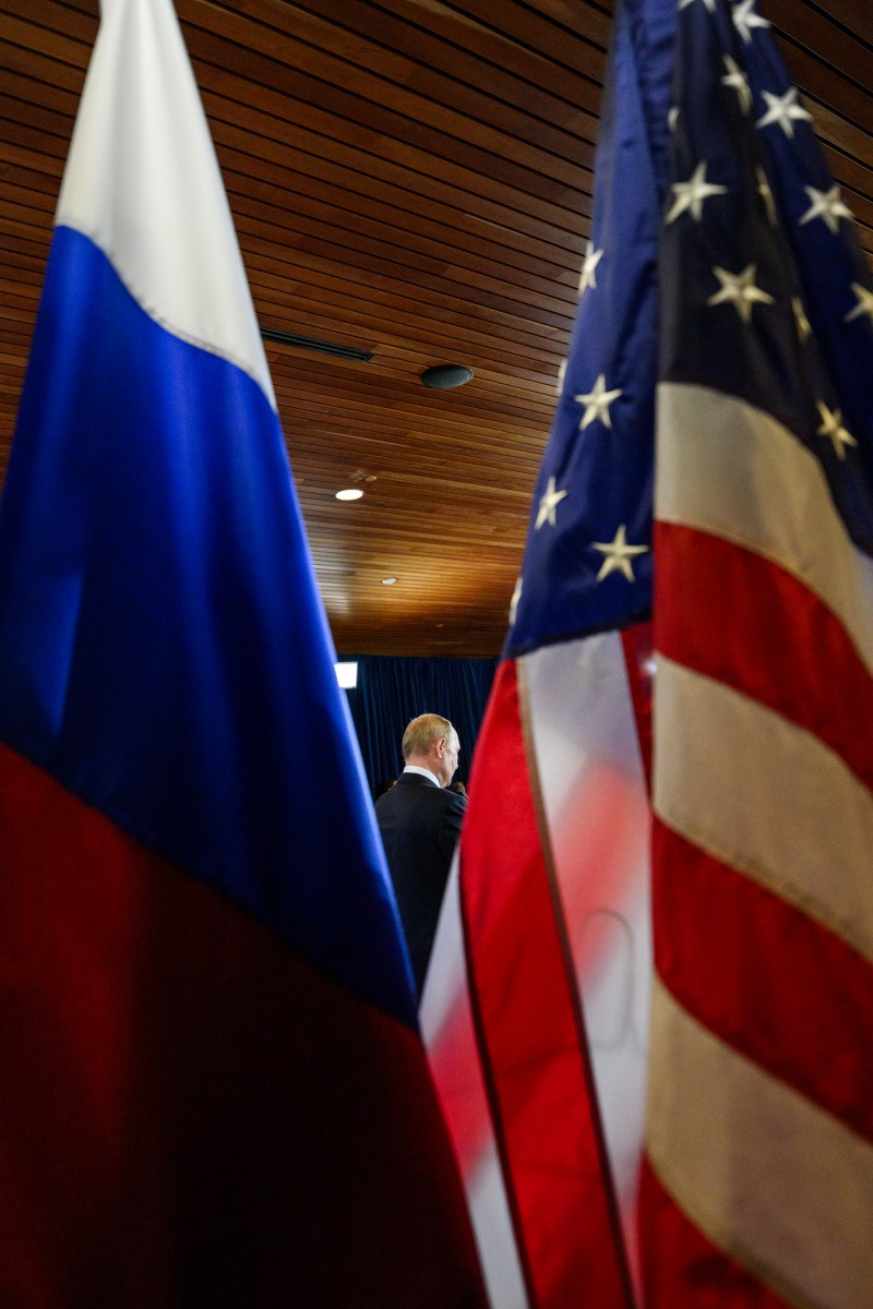 President Donald Trump and Russian president Vladimir Putin participate in a joint press conference after their meeting at the Arctic Warrior Event Center at Joint Base Elmendorf Richardson in Anchorage, Alaska, Friday, August 15, 2025. (Official White House Photo by Daniel Torok)