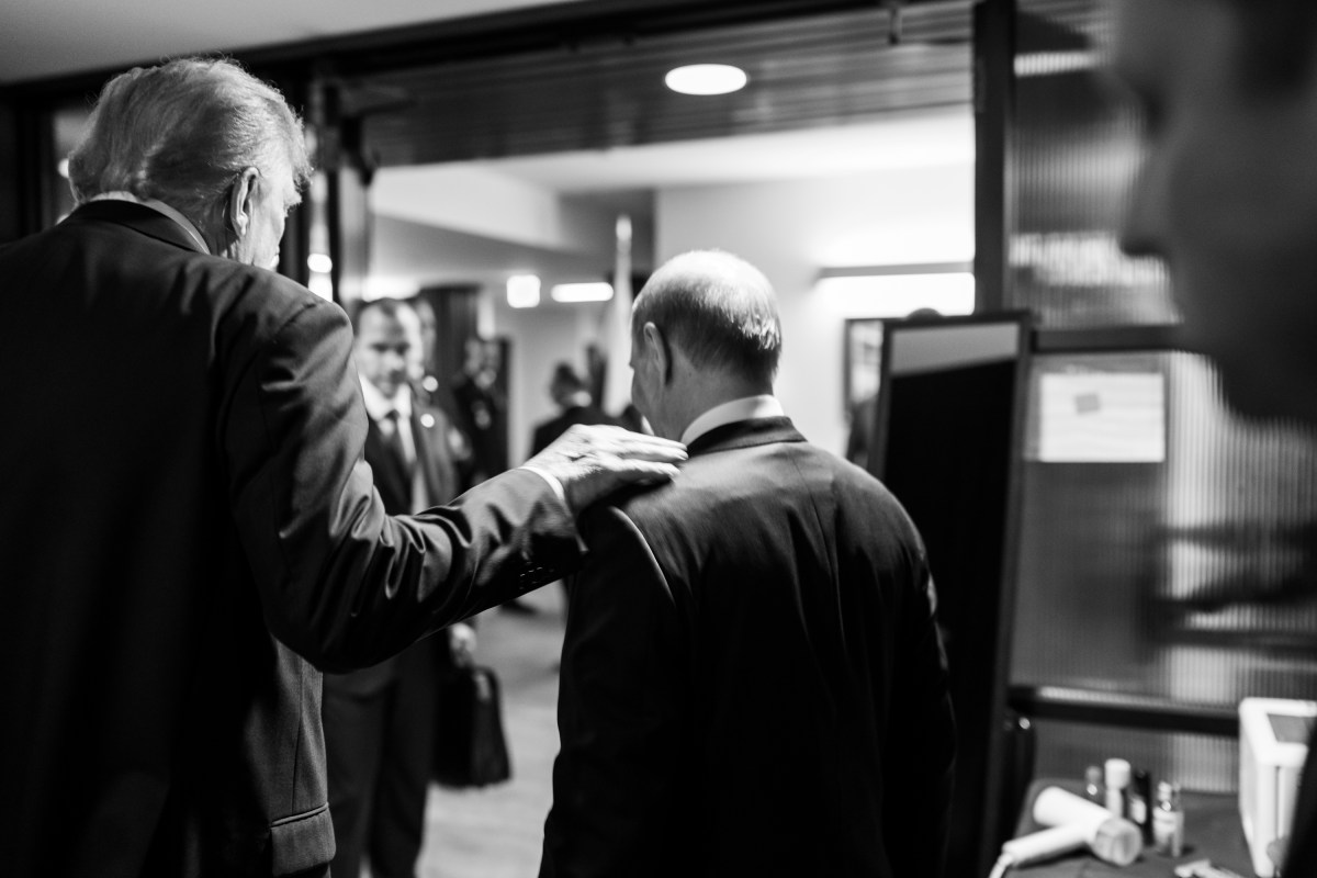 President Donald Trump and Russian president Vladimir Putin speak backstage after they held a joint press conference after their meeting at the Arctic Warrior Event Center at Joint Base Elmendorf Richardson in Anchorage, Alaska, Friday, August 15, 2025. (Official White House Photo by Daniel Torok)