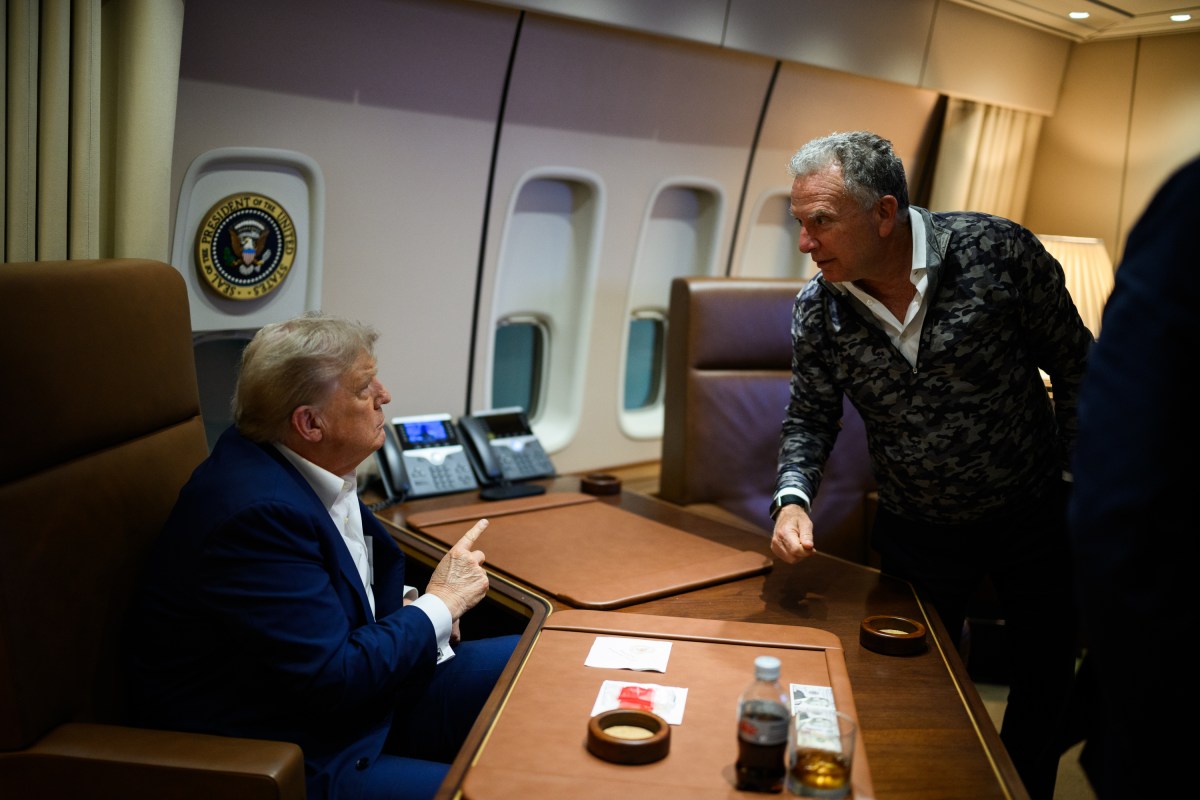 President Donald Trump talks to Middle East Envoy Steve Witkoff after speaking on the phone Ukrainian President Volodymyr Zelenskyy on board Air Force One at Joint Base Andrews, Maryland, Saturday, August 16, 2025, after meeting with Russian president Vladimir Putin in Alaska. (Official White House Photo by Daniel Torok)