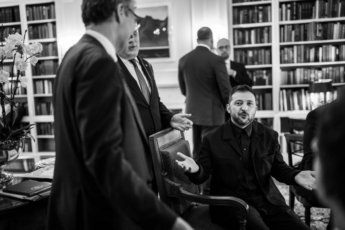 Ukrainian President Volodymyr Zelenskyy speaks with European leaders and staff as they wait in the White House Library as President Donald Trump makes a call with Russian President Vladimir Putin in the Oval Office, Monday, August 18, 2025. (Official White House Photo by Daniel Torok)