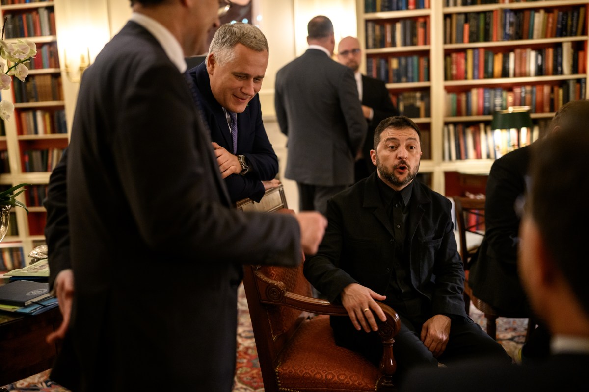 Ukrainian President Volodymyr Zelenskyy speaks with European leaders and staff as they wait in the White House Library as President Donald Trump makes a call with Russian President Vladimir Putin in the Oval Office, Monday, August 18, 2025. (Official White House Photo by Daniel Torok)