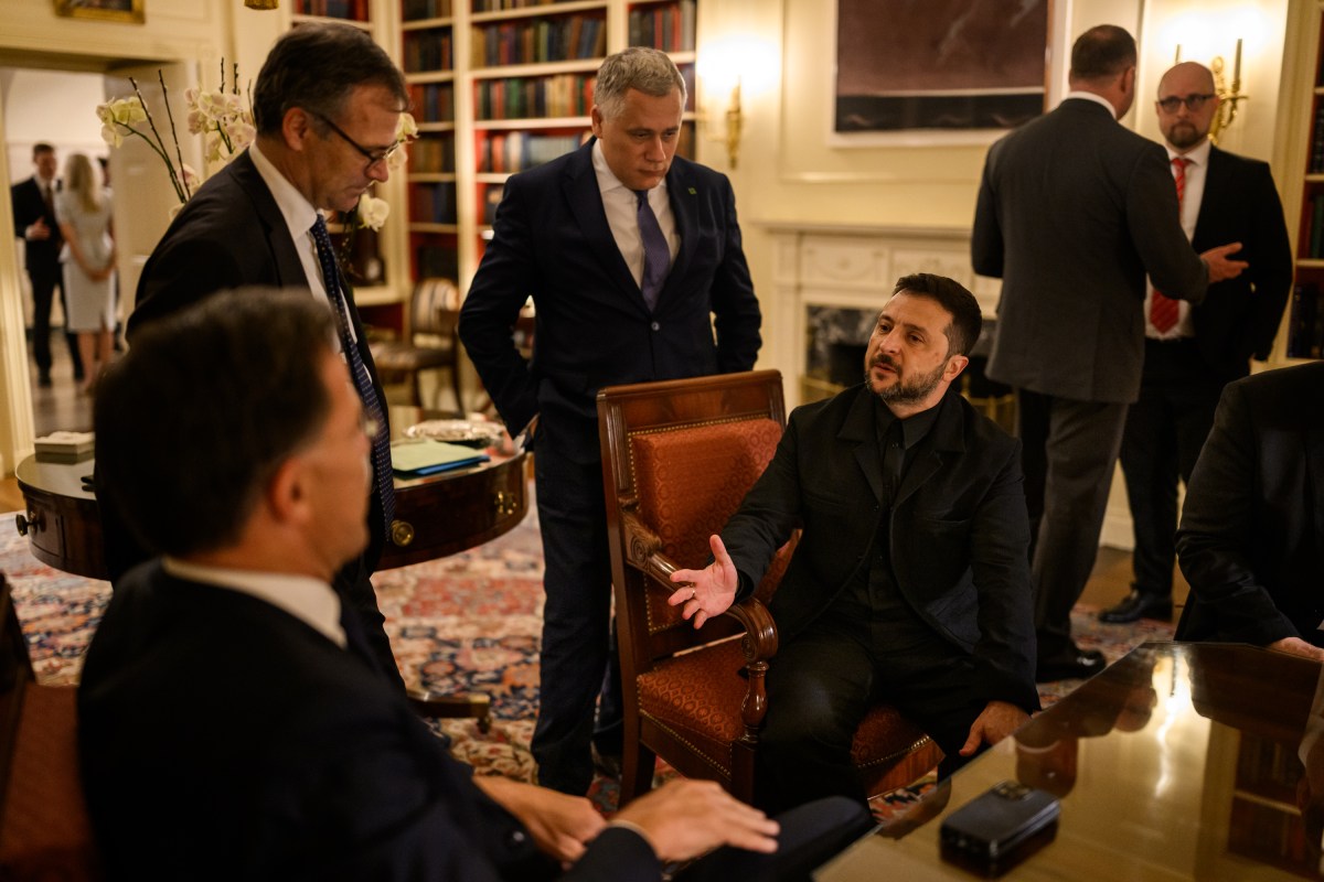 Ukrainian President Volodymyr Zelenskyy speaks with European leaders and staff as they wait in the White House Library as President Donald Trump makes a call with Russian President Vladimir Putin in the Oval Office, Monday, August 18, 2025. (Official White House Photo by Daniel Torok)