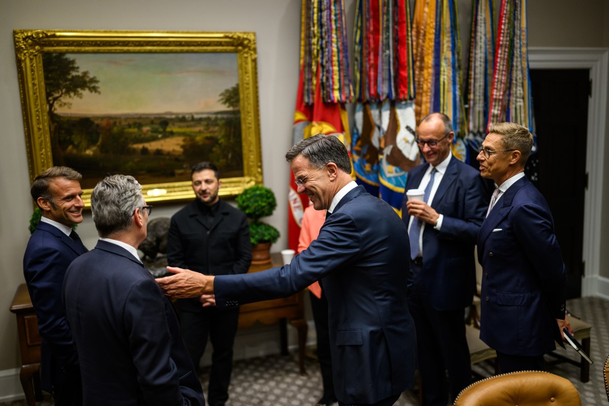 French President Emmanuel Macron, U.K. Prime Minister Keir Starmer, Ukrainian President Volodymyr Zelenskyy, European Commission President Ursula von der Leyen, NATO Secretary General Mark Rutte, German Chancellor Friedrich Merz, and Finnish President Alexander Stubb wait in the Roosevelt Room as President Donald Trump makes a call with Russian President Vladimir Putin in the Oval Office, Monday, August 18, 2025. (Official White House Photo by Daniel Torok)