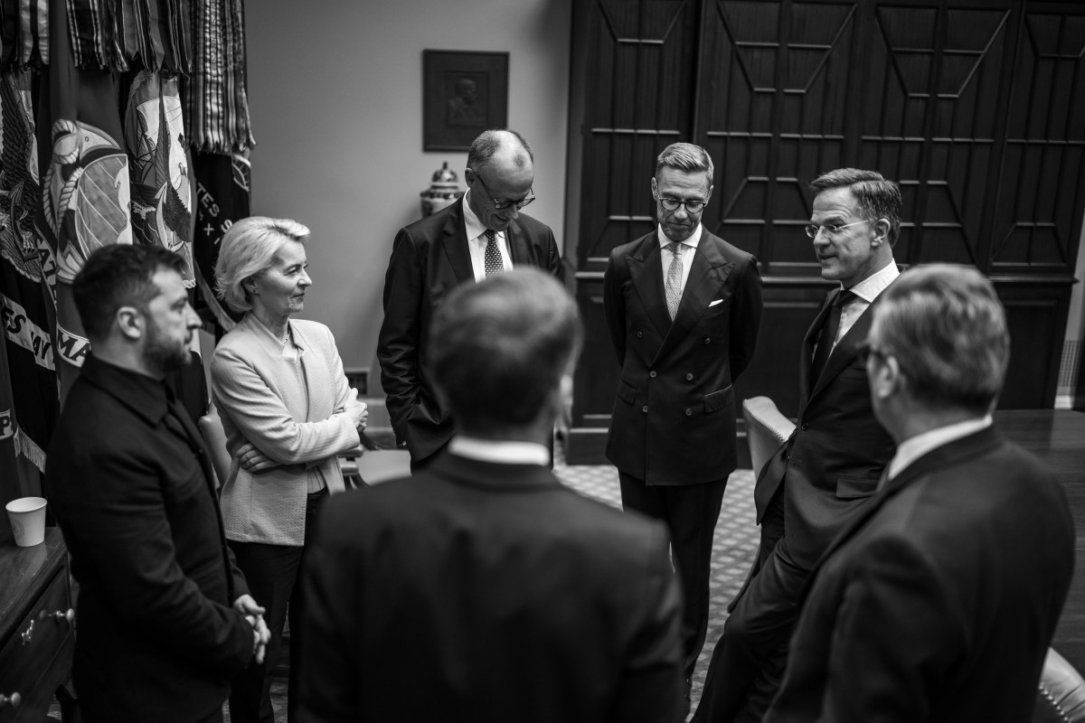 Ukrainian President Volodymyr Zelenskyy, European Commission President Ursula von der Leyen, German Chancellor Friedrich Merz, Finnish President Alexander Stubb, U.K. Prime Minister Keir Starmer, and French President Emmanuel Macron wait in the Roosevelt Room as President Donald Trump makes a call with Russian President Vladimir Putin in the Oval Office, Monday, August 18, 2025. (Official White House Photo by Daniel Torok)